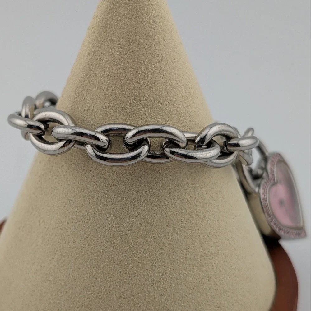 Guess Pink Heart Crystal Charm Watch Silver Tone Chain Bracelet Y2K 25mm 7